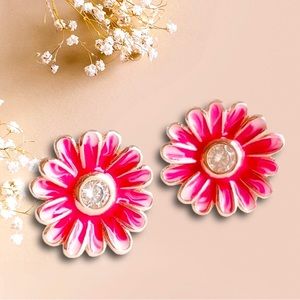 PINK DAISY EARRINGS W/CZ CENTER! SILVER ROSE GOLD PLATED, .925 STAMPED!